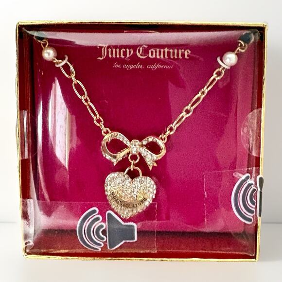 NIB JUICY COUTURE Gold Rhinestone Heart Bow Pearl Pendant Necklace 18”+2” GIFT - Picture 13 of 15